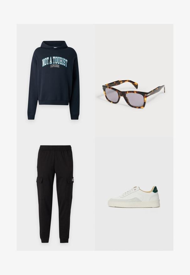 Sweatshirt court bleu marine avec capuche. Présente un graphisme textuel "PAS UN TOURISTE J'HABITE ICI" en bleu clair et blanc. Poignets côtelés.; Pantalons cargo noirs avec une taille élastique, deux poches latérales et un logo sur le côté gauche. Texture lisse, avec une coupe fuselée au niveau des chevilles.; Baskets blanches avec des accents en daim, bout arrondi, lacets plats et semelle en caoutchouc crème. Présente une marque verte sur le talon.; Lunettes de soleil carrées avec verres teintés foncés et monture marron à motif écaille, présentées sur un fond clair uni.