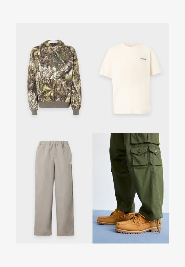 Sweat à capuche camouflage avec un tissu texturé aux tons terreux de marron et de vert, ornés de motifs de feuilles et de détails d'écorce, et doté d'une poche avant.; T-shirt en coton de couleur crème avec manches courtes, arborant un petit logo noir "Dickies" sur le côté gauche de la poitrine. Coupe simple et décontractée.; Pantalon beige à jambe droite avec une ceinture élastique et un petit logo blanc sur la couture latérale droite.; Timberland AUTHENTIC 3 EYE - Chaussures bateau - wheat