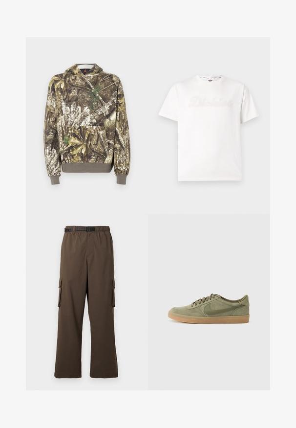 Sweat à capuche camouflage avec un tissu texturé aux tons terreux de marron et de vert, ornés de motifs de feuilles et de détails d'écorce, et doté d'une poche avant.; T-shirt blanc à manches courtes avec logo "Dickies" discrètement embossé sur le devant et bande intérieure de col marquée.; Pantalon cargo marron à coupe ample, taille élastique et deux poches latérales. Il est doté d'une ceinture noire à motifs, avec une texture lisse.; Baskets en suède vert avec une semelle en caoutchouc gomme, bout rond et design à lacets. Présente le logo distinctif de Nike en vert foncé.
