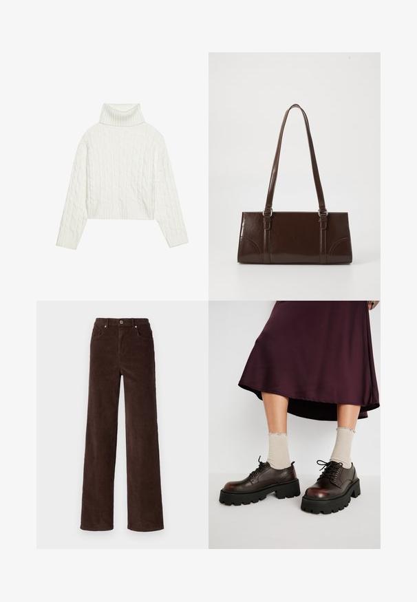 Hvid kabel-strikket turtleneck sweater med en cropped silhuet, der har ribbede manchetter og kant. Blød tekstur med et hyggeligt, chunky design.; Vero Moda VMTESSA WIDE PANTS - Bukser - chocolate torte; Brune læder platform sko med tykke sorte såler, parret med ribbet beige strømper med bølgede kanter, mod en afdæmpet baggrund.; Brun lakeret håndtaske med rektangulær form, to lange håndtag og subtile buede detaljer på fronten.