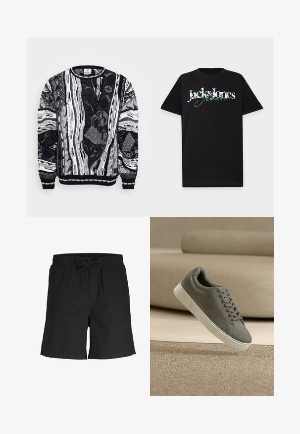 Sort og hvid sweater med indviklede mønstre, der viser bylandskaber og abstrakte designs. Strikket tekstur med ribbede manchetter og halsudskæring.; Sort t-shirt med korte ærmer og et farverigt "Jack & Jones Denim"-logo centreret på brystet.; Sorte afslappede shorts med elastisk talje og bindebånd foran, knælange, ensfarvede, velegnede til hverdagsbrug.; Grå ruskindssneaker med hvid sål og snørebånd svæver over et tekstureret beige tæppe i et rum med neutrale toner.