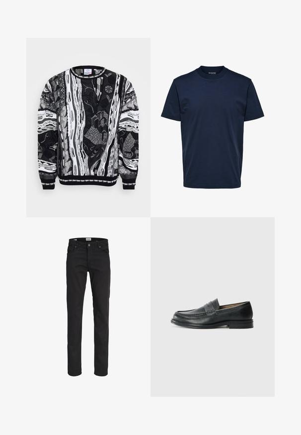 Sort og hvid sweater med indviklede mønstre, der viser bylandskaber og abstrakte designs. Strikket tekstur med ribbede manchetter og halsudskæring.; Herre plain mørkeblå T-shirt med korte ærmer og rund hals med almindelig pasform og uden synlige mønstre eller logoer.; Sorte jeans med slim fit, fem lommer, knap- og lynlås-lukning samt bæltestropper, vist på hvid baggrund.; Sorte læder loafers med et klassisk design, der har en syet detalje ved tåen og en lav, tekstureret gummisål.