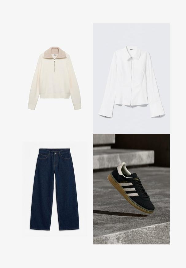 Suéter color crema con textura acanalada, cierre de media cremallera y un cuello beige en contraste. Manga larga y dobladillo elástico.; Camisa blanca de manga larga con cuello con solapa y cremallera frontal. Presenta puños acampanados y una textura suave de mezcla de algodón.; Vaqueros denim azul oscuro de pierna ancha con botón delantero y cremallera, trabillas para cinturón y diseño de cinco bolsillos, colocados planos sobre un fondo blanco.; Zapatilla de ante negra con rayas blancas y logo dorado, con suela de goma texturizada color goma y una lengüeta del talón en crema contrastante.