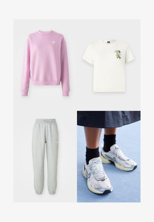 Roze sweatshirt met een ronde hals, geribbelde manchetten en zoom, en een klein wit logo op de linkerborst. Zacht materiaal en een relaxte pasvorm.; Wit katoenen T-shirt met korte mouwen. Voorzien van groene en gele geborduurde bloemen op de linkerborst, inclusief logo. Regular fit.; Grijze sweatpants met een elastische tailleband en trekkoord. De stof is zacht, met elastische boorden bij de enkels en een logodetail.; Witte en zilveren Nike sneakers van meshstof, met reflecterende accenten en een beige zool. Gedragen met zwarte sokken, staand op een blauwe ondergrond.