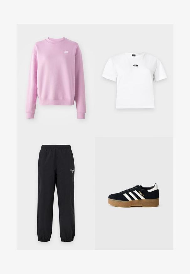 Roze sweatshirt met een ronde hals, geribbelde manchetten en zoom, en een klein wit logo op de linkerborst. Zacht materiaal en een relaxte pasvorm.; Wit katoenen t-shirt met korte mouwen, een ronde hals en een zwart The North Face-logo op de borst. Eenvoudig, onopgesmukt ontwerp.; Zwarte broek met een elastische tailleband, elastische boorden en een klein wit Carhartt-logo op de bovenste linker dij.; Zwarte suède sneaker met witte drie strepen en gouden merktekens. Gele zool met gestructureerde grip. Klassiek laag model, afgeronde neus.
