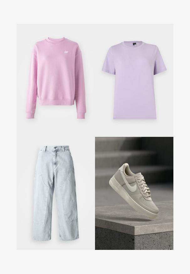 Roosa kapuutsiga sweatshird, kus on ümmargune kaelus, ribaga mansetid ja alläär ning väike valge logo vasakul rinnal. Pehme kangas ja lõdva lõikega.; Lihtne lavendlivärvi lühikese varrukaga puuvillane t-särk, ümmarguse kaelusega, esitatud lamedalt valgel taustal.; Heledad sinised teksad laia säärega, suurte küljetaskutega, kõrge taljega ja vabalt istuv. Kulunud tekstuur ja tuhm värvitoon.; Beež Nike Air Force 1 toss hõljumas betoonserva kohal, taustal on udused hallid trepid.