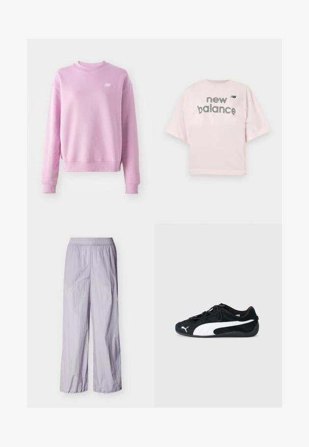 Roze sweatshirt met een ronde hals, geribbelde manchetten en zoom, en een klein wit logo op de linkerborst. Zacht materiaal en een relaxte pasvorm.; Lichtroze T-shirt met korte mouwen met de tekst "new balance" en een klein zwart "NB" logo gecentreerd op de borst.; Lichtpaarse lichte broek met elastische tailleband en wijde pijpen, afgebeeld tegen een effen witte achtergrond.; Zwarte sportieve schoenen van mesh en suede, voorzien van een wit Puma-logo, elastische veters en een gestructureerde rubberen zool.