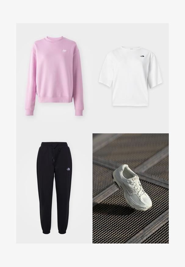 Roze sweatshirt met een ronde hals, geribbelde manchetten en zoom, en een klein wit logo op de linkerborst. Zacht materiaal en een relaxte pasvorm.; Wit T-shirt met korte mouwen en ronde hals met het zwarte The North Face-logo op de linkerborst.; Zwarte joggingsbroek met elastische tailleband en boorden, trekkoord, zijzakken en een klein wit The North Face-logo op de rechterdij.; Witte Nike hardloopschoen met bovenwerk van mesh en synthetisch materiaal, rustend op een metalen roostervloer in zacht natuurlijk licht.