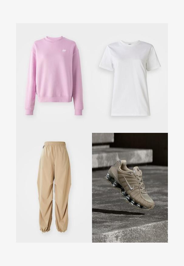 Sudadera rosa con cuello redondo, puños y dobladillo acanalados, y un pequeño logo blanco en el lado izquierdo del pecho. Tejido suave y corte relajado.; Camiseta blanca de algodón con cuello redondo y mangas cortas. La tela es suave con una textura agradable y sin patrones ni acentos visibles.; Pantalones ligeros beige con cintura elástica, puños ajustados y una textura suave, con un ajuste relajado y sin patrones ni adornos visibles.; Zapatilla de running Nike beige con acentos plateados y suela tipo muelle en el aire sobre escalones de hormigón con iluminación tenue.