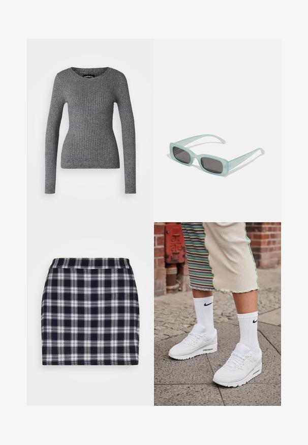 Svetor šedej farby s vrúbkovaním, dlhými rukávmi a výstrihom do véčka. Vyrobený z textúrovanej pleteniny, s priliehavým strihom.; Hollister Co. PLAID SKORT - Šortky - navy; Biele tenisky Nike Air Max 90 s vrchnou časťou z kombinácie sieťovaného a koženého materiálu, s viditeľnou vzduchovou jednotkou, v kombinácii s bielymi rebrovanými ponožkami s čiernym logom.; Párik obdĺžnikových slnečných okuliarov s svetlomodrými priehľadnými rámami a tmavosivými sklami, s rovnými stranami a minimálnymi hardvérovými detailmi.