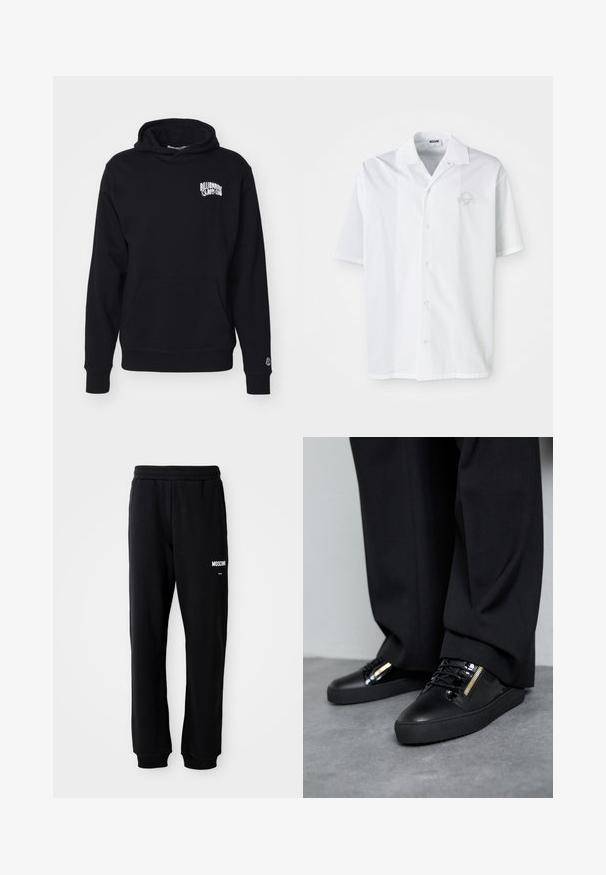 Sudadera con capucha negra, hecha de un tejido suave, que incluye un bolsillo frontal y texto del logo en el pecho, con puños y dobladillo de canalé.; Camisa blanca de manga corta hecha de algodón con cierre frontal de botones. Presenta un logo bordado sutil en el pecho. Diseño clásico de cuello.; Pantalones de chándal negros con un corte relajado, hechos de una tela suave. Presentan una cintura elástica y el logo blanco de "Moschino" en el muslo izquierdo.; Zapatillas de cuero negro con detalles brillantes, cordones texturizados y un detalle de cremallera; combinadas con pantalones oscuros y holgados sobre un suelo gris.