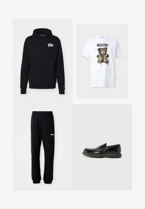 Sudadera con capucha negra, hecha de un tejido suave, que incluye un bolsillo frontal y texto del logo en el pecho, con puños y dobladillo de canalé.; Camiseta blanca de manga corta con el texto "MOSCHINO" sobre un oso de peluche marrón envuelto con una cinta métrica amarilla.; Pantalones de chándal negros con un corte relajado, hechos de una tela suave. Presentan una cintura elástica y el logo blanco de "Moschino" en el muslo izquierdo.; Mocasín de cuero negro con un acabado brillante, punta redondeada, detalles de costura sutiles y una suela de goma gruesa para mayor durabilidad.