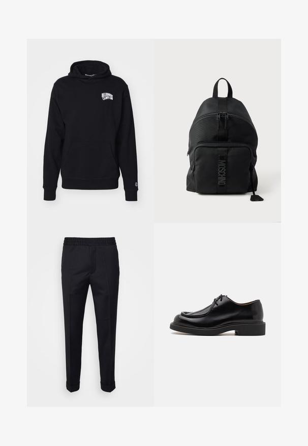 Sudadera con capucha negra, hecha de un tejido suave, que incluye un bolsillo frontal y texto del logo en el pecho, con puños y dobladillo de canalé.; Pantalones negros de tela ligera, con una cintura elástica, bolsillos laterales y puños enrollados. Textura suave con pliegues en la parte delantera.; Zapato de cuero negro con punta redondeada, detalles de costura, cordones mínimos y suela de goma gruesa para tracción y durabilidad.; Mochila negra Moschino con asa superior, bolsillo frontal con cremallera y logo visible en la correa del bolsillo frontal sobre un fondo claro y liso.