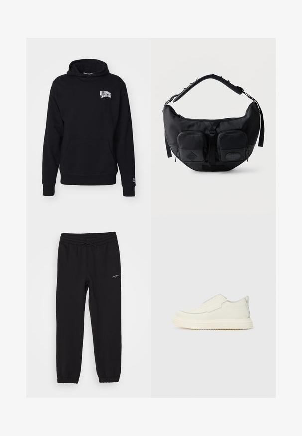 Sudadera con capucha negra, hecha de un tejido suave, que incluye un bolsillo frontal y texto del logo en el pecho, con puños y dobladillo de canalé.; Pantalones de chándal negros con cintura elástica y cordón, que cuentan con bolsillos laterales y puños en los tobillos. Sutil marca blanca en la pierna.; Zapatilla slip-on en material texturizado color blanco roto con una suela gruesa y estriada. Presenta costuras mínimas y un sutil acento azul claro.; Bolso de hombro negro en forma de media luna con correa acolchada ajustable y dos bolsillos frontales con cremallera y tiradores.