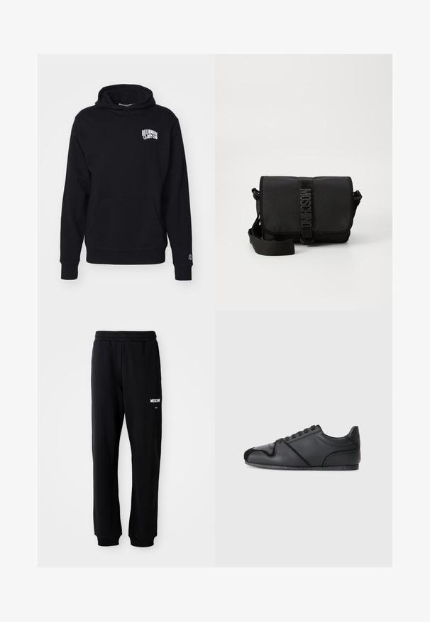 Sweat à capuche noir en tissu doux, avec une poche avant et un texte logo sur la poitrine, ainsi que des poignets et un ourlet côtelés.; Pantalons de survêtement noirs à coupe décontractée, fabriqués en tissu doux. Dotés d'une taille élastique et du logo blanc "Moschino" sur la cuisse gauche.; Chaussures de sport noires avec une tige en cuir lisse, des accents texturés subtils et un capuchon de talon en daim noir contrastant. Comprend une semelle en caoutchouc.; Sac bandoulière noir en nylon avec rabat, doté d'une fermeture à bande logo proéminente, d'une bandoulière réglable et de détails de surpiqûres sur les côtés.