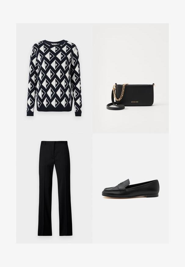 Strikket sweater i marineblå og hvid med et geometrisk trekantet mønster. Har en rund halsudskæring samt ribbede manchetter og kant.; Sorte lige bukser i glat stof med flad front, bæltestropper og uden synlige lommer eller udsmykninger.; Sort læderloafer med lav hæl, syninger og en lille metallisk detalje på vristen.; Sort læder clutch med en guldkædeaccent, glat tekstur og detaljer med guldlogo. Inkluderer en justerbar rem for alsidighed.