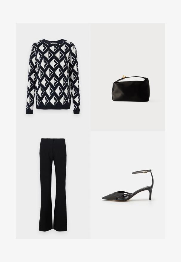 Strikket sweater i marineblå og hvid med et geometrisk trekantet mønster. Har en rund halsudskæring samt ribbede manchetter og kant.; Sorte flared bukser i strækstof med en glat overflade og en tætsiddende talje. Ingen synlige lukninger eller mønstre.; Sort læder højhælet sko med spids tå, åbne sider og en tynd ankelrem med en lille guld detalje.; Sort satinpung med en afrundet form, et håndtag i toppen og en guldaccentlås. Glat tekstur med et minimalistisk design.