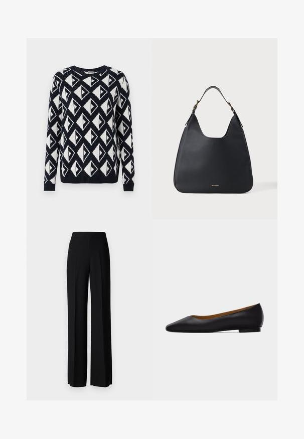 Strikket sweater i marineblå og hvid med et geometrisk trekantet mønster. Har en rund halsudskæring samt ribbede manchetter og kant.; Sorte bukser med bred benvidde og høj talje, lavet af et glat stof, med forreste læg og et klassisk, skræddersyet design.; Sort læder flad sko med spids tå, lav hæl og glat finish, vist fra siden på en lysegrå baggrund.; Sort skuldertaske i kornet læder med enkelt rem og diskret gyldent Michael Kors-logo foran mod en ensartet lys baggrund.