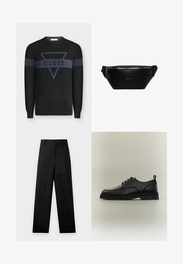 Pull noir à manches longues avec une bande horizontale gris foncé et un triangle inversé portant le mot "GUESS" sur la poitrine et les manches.; Pantalons noirs en coton avec une coupe droite, dotés d'une fermeture à bouton à l'avant et de poches latérales. Texture lisse, sans motifs.; Chaussure habillée en cuir noir à lacets, semelle épaisse et languette de traction au talon, montrée de profil sur un fond neutre.; Sac banane en cuir noir Calvin Klein avec fermeture éclair argentée et sangle réglable, logo minimaliste au centre devant.