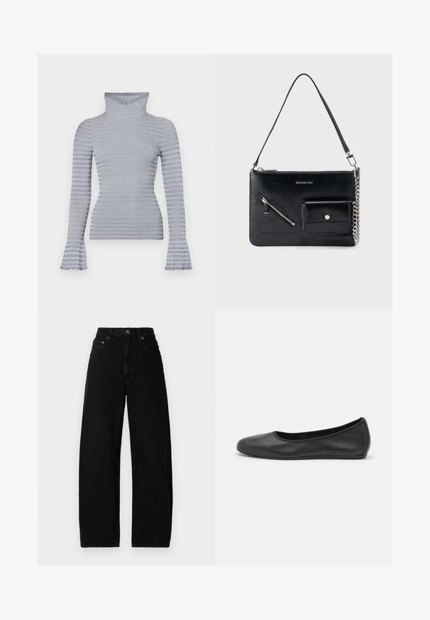 Pull à col roulé côtelé rayé gris clair et blanc avec des manches longues et des poignets légèrement évasés sur fond blanc.; Jean large en denim noir avec une taille haute, dotée d'une fermeture à bouton à l'avant, de poches et d'une texture lisse et mate.; Ballerines en cuir noir avec un bout rond, texture lisse, détails de couture minimalistes et design de semelle flexible.; Sac à bandoulière en cuir noir Michael Kors avec fermeture éclair supérieure, poche avant zippée en diagonale, poche à rabat avec bouton-pression et détail en chaîne argentée.