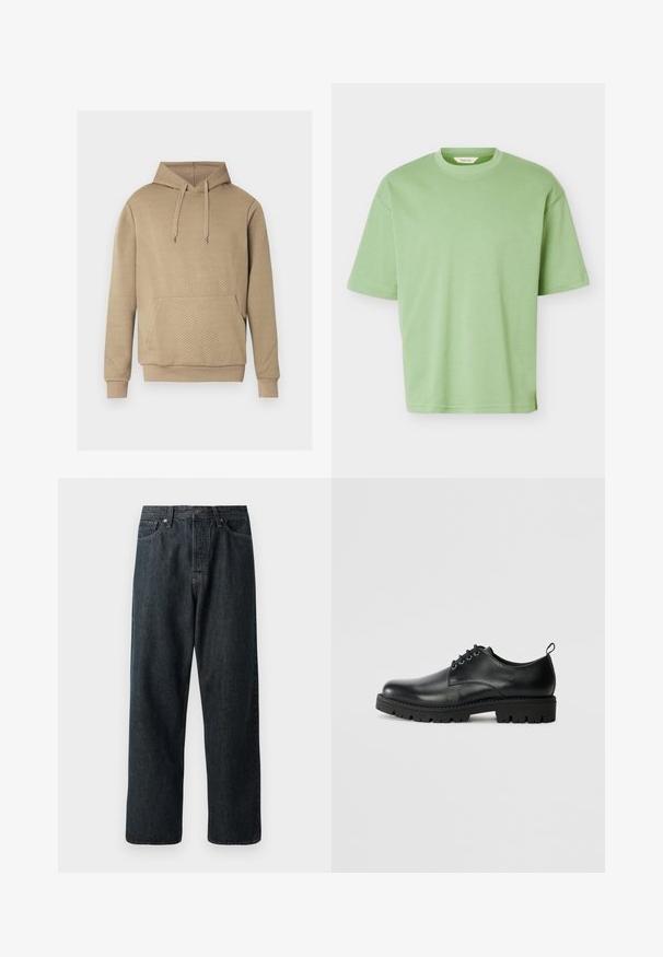 Sweat à capuche beige avec texture matelassée en losanges, poche kangourou frontale, capuche à cordon de serrage, et poignets et ourlet côtelés.; T-shirt uni vert clair à manches courtes et col rond, avec une coupe régulière et une texture de tissu douce, présenté sur fond blanc.; Jeans en denim foncé avec une coupe droite, dotés d'une disposition traditionnelle à cinq poches et d'une fermeture à bouton en métal à la taille.; Chaussure en cuir noir à bout arrondi, présentant un design à lacets, une semelle en caoutchouc noire robuste et un petit onglet de talon à l'arrière.
