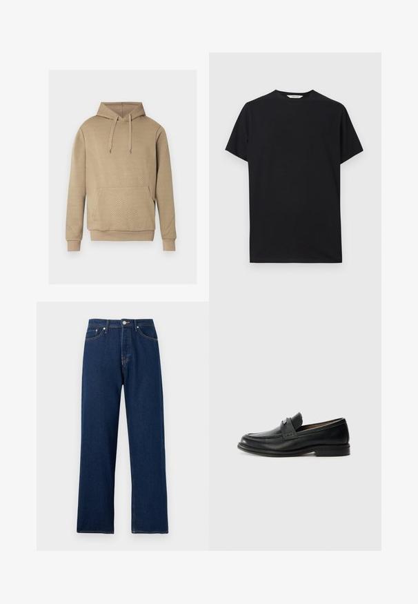 Sweat à capuche beige avec texture matelassée en losanges, poche kangourou frontale, capuche à cordon de serrage, et poignets et ourlet côtelés.; T-shirt noir à manches courtes en tissu de coton doux. Col rond avec une coupe décontractée, présentant des lignes épurées et simples sans motifs visibles.; Jean en denim bleu foncé à coupe large, avec fermeture à boutons sur le devant, passants pour ceinture et style cinq poches sur fond blanc.; Mocassins en cuir noir avec une finition lisse, dotés d'une bande supérieure texturée, d'un talon bas et de détails de couture minimalistes.