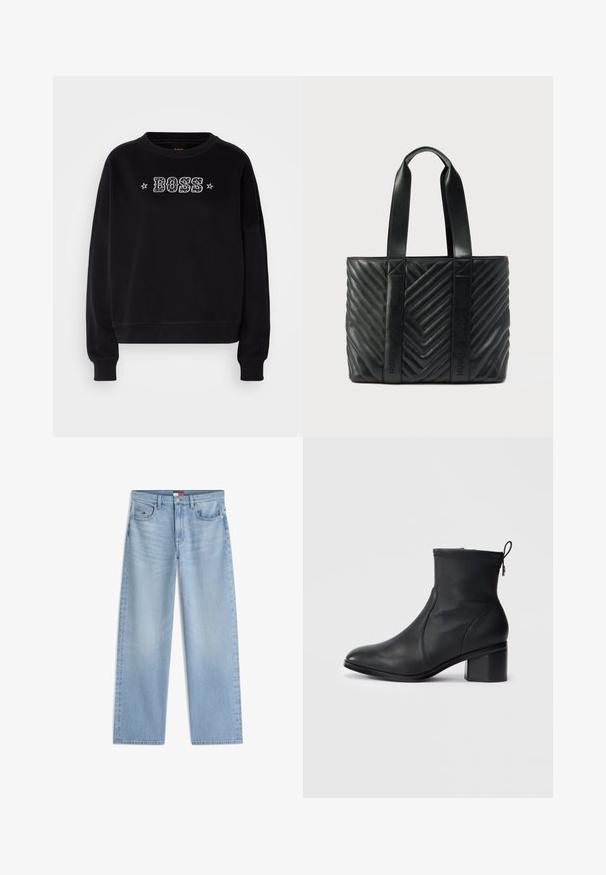 Sort sweatshirt med rund halsudskæring og lange ærmer. Har et broderet "BOSS" logo og stjernesymbolet på forsiden.; Lyseblå jeans med lige ben, forlommer, bæltestropper og lukning med knap og lynlås.; Sort læder ankelstøvle med et elegant design, afrundet tå, tekstureret syning øverst og en blokhæl. Har lynlås og strop til at trække i.; Sort quiltet tote-taske med chevronmønster, med flade håndtag og prægede logoer på siderne. Fremstillet af glat læder.