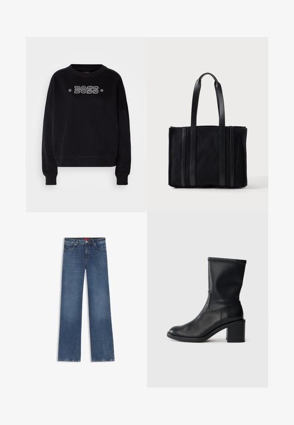 Sweatshirt noir avec un col rond et des manches longues. Il présente un logo "BOSS" brodé et des accents d'étoiles sur le devant.; Jean en denim bleu à jambes droites avec poches avant, passants pour ceinture et fermeture par bouton.; Botte en cuir noir à cheville avec un bout rond, texture lisse et un talon épais, présentant un tige ajustée et un subtil détail de couture.; Sac cabas rectangulaire noir avec deux longues anses et des accents en cuir verticaux à l'avant, sur un fond clair uni.