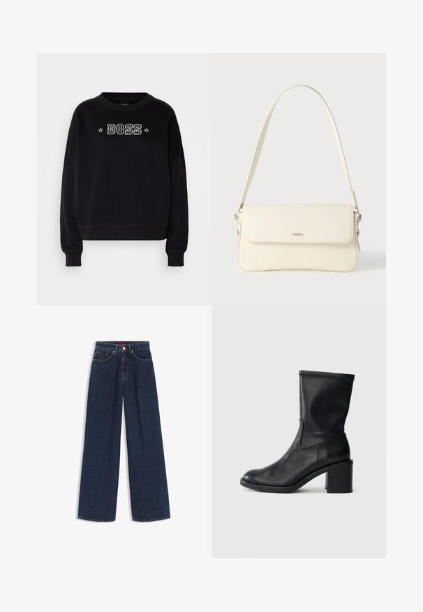 Zwarte sweatshirt met een ronde hals en lange mouwen. Kenmerkt een geborduurd "BOSS" logo en steraccenten aan de voorkant.; Donkerblauwe wijde denim jeans met voorknop, rits, vijf zakken en een subtiel merklogo op het kleine voorzakje.; Zwarte leren enkellaars met een ronde neus, een gladde textuur en een chunky hak, met een strak schacht en subtiele stiksels.; Schoudertas van crèmegekleurd leer met een klepafsluiting, zilverkleurige hardware, een enkele verstelbare riem en subtiele logodetails.