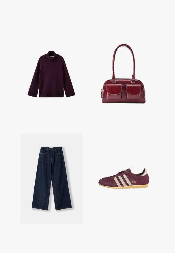 Lilla, chunky strikket turtleneck sweater med ribbede manchetter og kant, der har en løs pasform og tekstureret stof.; Mørkeblå vidde denimjeans med knap- og lynlås foran, forlommer og bæltestropper, lagt fladt på en hvid baggrund.; Bordeaux ruskindssneaker med tre horisontale cremefarvede striber, guld "adidas JAPAN" logo og tekstureret gummi ydersål.; Mørkerød læderhåndtaske med to forlommer med klap og lange skulderstropper, vist på hvid baggrund.