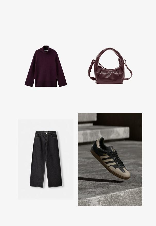 Pull en maille épaisse mauve à col roulé avec des poignet et ourlet côtelés, présentant une coupe ample et un tissu texturé.; Jean noir à jambes larges avec poches avant et fermeture par bouton argenté, posé à plat sur un fond gris clair.; Baskets en cuir noir et beige avec trois bandes blanches, semelle en caoutchouc beige et détail en or "Samba" sur le côté.; Sac à épaule en cuir bordeaux avec une forme arrondie, un design plié et une bandoulière ajustable. Texture lisse avec un minimum de matériel.