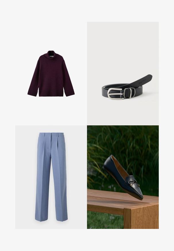 Suéter de punto grueso y violeta con cuello alto, puños y dobladillo de canalé, que presenta un ajuste holgado y una textura especial.; Pantalones plisados azul claro con un corte ajustado, hechos de una tela suave. Cuentan con un diseño de pierna recta y una cintura de tiro medio.; Mocasín de cuero negro con un detalle de lazo flotando sobre un banco de madera, con hierba verde y plantas en el fondo.; Cinturón de cuero negro enrollado con hebilla metálica rectangular plateada y lazo metálico negro, sobre fondo blanco.