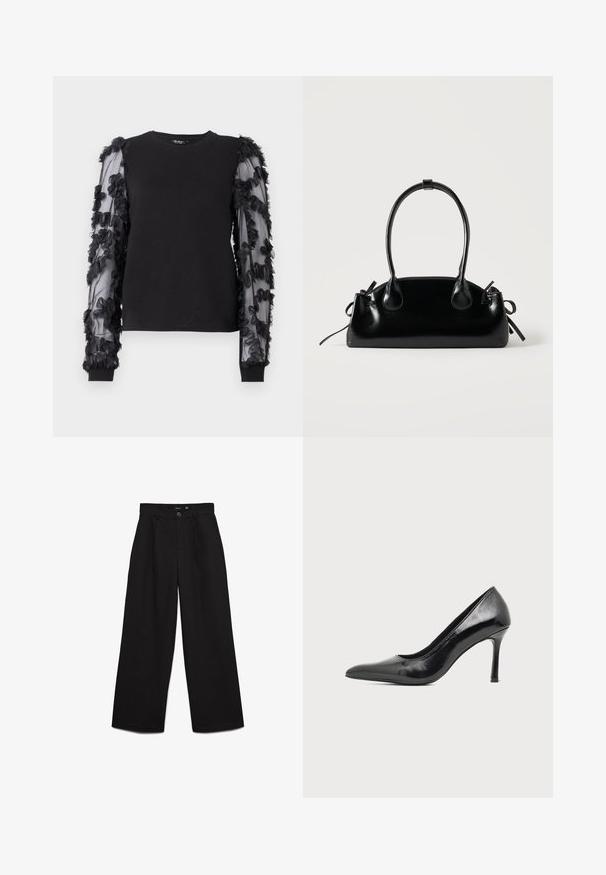Sweatshirt noir avec de longues manches transparentes ornées d'appliqués floraux noirs. Présente un col ras du cou classique et des poignets côtelés.; Pantalon noir taille haute à jambes larges avec fermeture bouton et zip, passants de ceinture et plis à l'avant.; Chaussure à talon haut pour femme en cuir verni noir avec bout pointu et talon fin sur fond clair uni.; Petit sac à main noir brillant avec deux longues anses et des détails à cordon sur les côtés sur un fond clair uni.