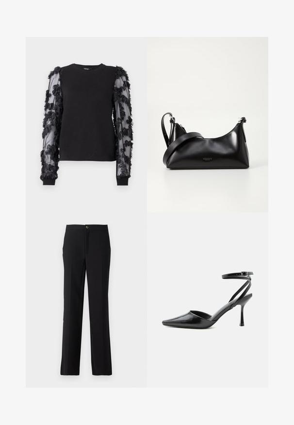 Sweatshirt noir avec de longues manches transparentes ornées d'appliqués floraux noirs. Présente un col ras du cou classique et des poignets côtelés.; Pantalon noir avec une coupe droite, fabriqué en tissu lisse. Comprend une fermeture à bouton devant et des poches latérales.; Escarpin noir à bout pointu avec fines brides de cheville et fermeture à boucle argentée sur fond clair uni.; Sac à main en cuir noir avec une texture lisse. Dispose d'une bandoulière adjustable et d'un design élégant et minimaliste avec une fermeture éclair.