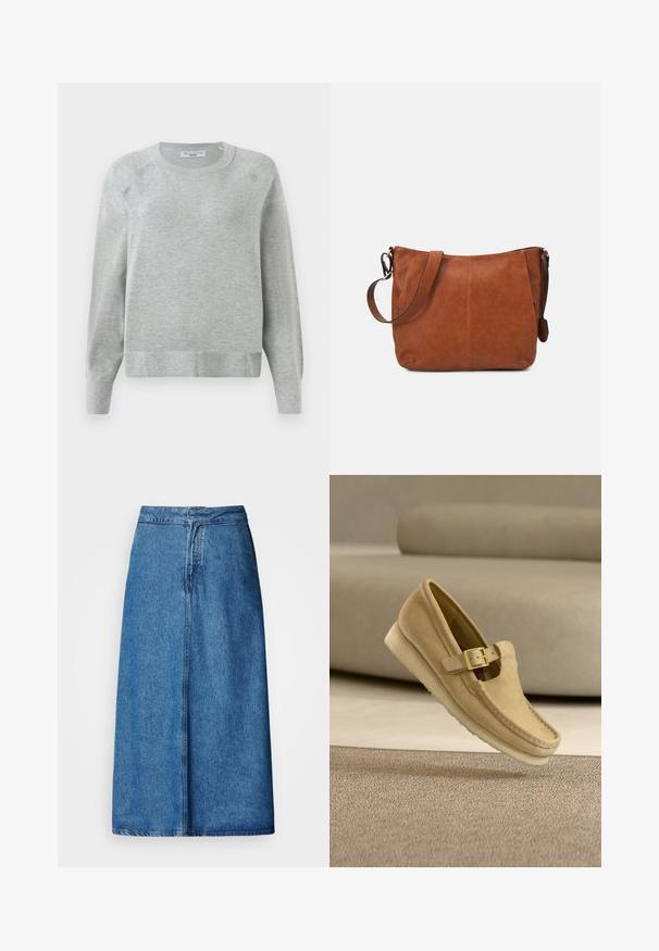 Pull léger gris clair à col rond avec manches longues, poignets et ourlet côtelés, fabriqué à partir d'un matériau doux, présentant une texture subtile sur l'ensemble.; Jupe midi en denim à coupe décontractée, avec une taille haute, un ourlet effiloché et une couleur bleu uni. Design simple sans ornements visibles.; Mocassin en daim beige avec une bride boucle dorée, coutures détaillées et semelle en crêpe, présenté sur un tapis texturé avec un canapé beige en arrière-plan.; Sacoche en cuir brun avec une forme incurvée, une sangle ajustable et des détails de couture minimaux, offrant un intérieur spacieux.