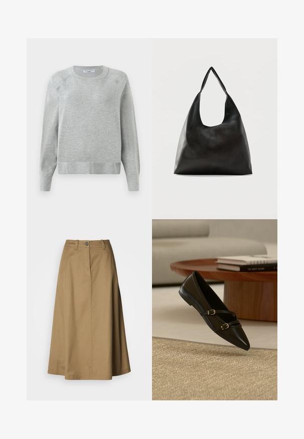 Svetlošedý crewneck sveter s dlhými rukávmi, rebrovanými manžetami a lemom, vyrobený z jemného materiálu s jemnou textúrou po celom povrchu.; Khaki midi sukňa z bavlnenej zmesi, s rovým strihom, predným zapínaním na gombíky a jemnou textúrou, so bočnými rozparkami na voľnosť pohybu.; Čierna balerína so špicatou špičkou a dvoma tenkými prackami, ktorá sa vznáša nad béžovým koberecom, s dreveným konferenčným stolíkom a knihami v pozadí.; Čierna hladká kožená kabelka na rameno s širokým, jediným remienkom a ležérnym, minimalistickým dizajnom na jednoduchom pozadí.