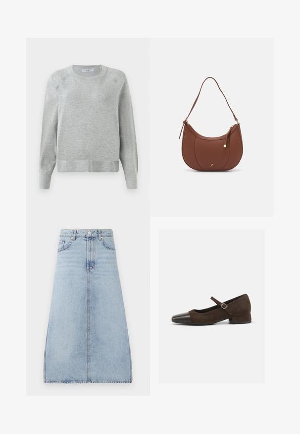 Lys grå crewneck sweater med lange ærmer, ribbede manchetter og kant, lavet af blødt materiale, med en subtil tekstur hele vejen igennem.; Lyseblå denim midi-nederdel med for-trykknap og lynlås, sidelommer og bæltestropper, præsenteret på en hvid baggrund.; Brun ruskind Mary Jane-sko med en sort laklæder tåhætte, justerbar rem og en lav blokhæl. Glat tekstur med minimale detaljer.; Brun faux læder skuldertaske med buet form, minimal syning og en guldtonet hardwaredetalje. Har en top lynlåslukning og justerbar rem.
