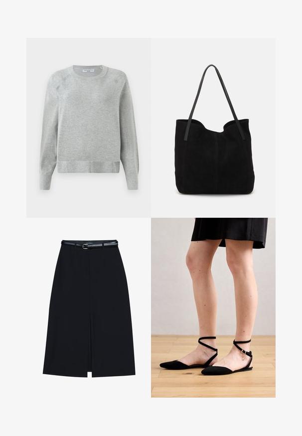 Lys grå crewneck sweater med lange ærmer, ribbede manchetter og kant, lavet af blødt materiale, med en subtil tekstur hele vejen igennem.; Sort knælang nederdel med en foran slids, lavet af glat stof. Har et tyndt sort bælte med en sølvfarvet spænde og bæltestropper.; Sorte suede flade sandaler med spidse tæer, der har ankelremme, der krydser over, og en spænde lukning. Glat tekstur og minimalistisk design.; Sort ruskinds totemed med to lange, flade læderremme. Har en buet topkant og synlige stikninger langs forsiden. Ingen hardware-dekorationer.
