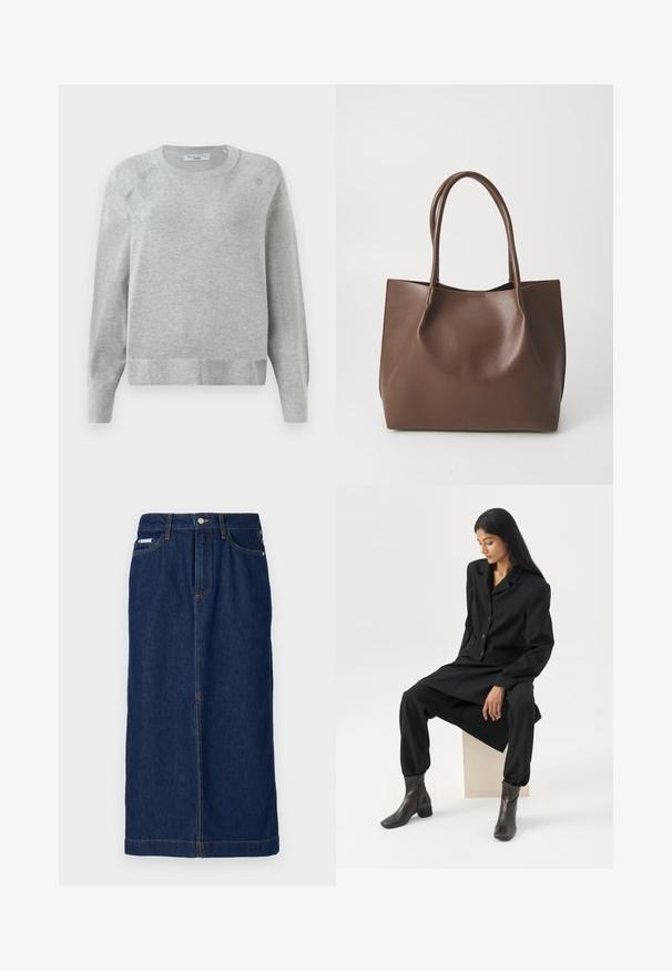 Lys grå crewneck sweater med lange ærmer, ribbede manchetter og kant, lavet af blødt materiale, med en subtil tekstur hele vejen igennem.; Jeans nederdel i mørkeblå med lige skæring, har orange stikninger, en talje med bæltestropper og forlommer.; Kvinde med langt mørkt hår, siddende iført en løs sort blazer, matchende vidde bukser og mørke ankelstøvler mod en ensfarvet hvid baggrund.; Brun læder tote taske med to lange håndtag, struktureret form, glat tekstur og minimalistisk design. Ingen synligt hardware eller accenter.