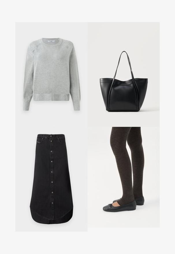 Lys grå crewneck sweater med lange ærmer, ribbede manchetter og kant, lavet af blødt materiale, med en subtil tekstur hele vejen igennem.; Sort denim midi nederdel med forrest lukning med knapper, buet kant, bæltestropper og forreste lommer.; Ben iført mørke ribbede leggings kombineret med sorte balletsko med små sløjfedetaljer på hvid baggrund.; Sort lædertaske med to lange håndtag og en let buet topkant, vist mod en ensfarvet lys baggrund.