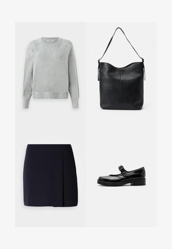 Lys grå crewneck sweater med lange ærmer, ribbede manchetter og kant, lavet af blødt materiale, med en subtil tekstur hele vejen igennem.; En sort mininederdel med en lige silhuet, lavet af blødt stof, med en sidesplit for ekstra detalje og en ren kant.; Sort laklæder Mary Jane-sko med rund tå, lav blokhæl og justerbar spænde-rem over vristen.; Sort læder skuldertaske med en glat tekstur, rund top, enkelt strop og minimalistisk design uden synligt hardware.