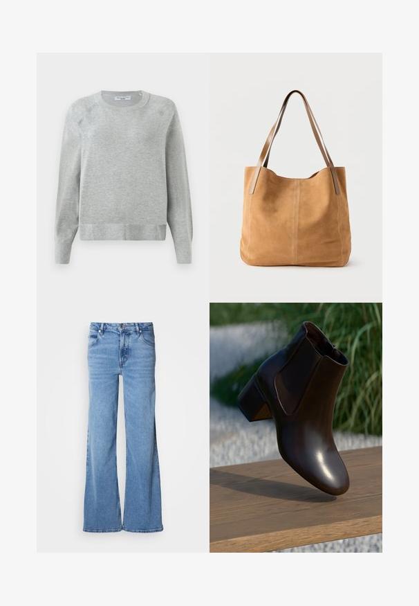 Lys grå crewneck sweater med lange ærmer, ribbede manchetter og kant, lavet af blødt materiale, med en subtil tekstur hele vejen igennem.; Lyseblå jeans med vid ben lavet af denim. Har et klassisk fem-lomme-design og synlig knaplukning. Blød tekstur og enkel finish.; Brun læder ankelstøvle med en afrundet tå og en lav blokhælhæl, der har elastiske sidepaneler og en glat, blank finish.; Beige ruskindtaske med lange lysebrune læderstropper, blød tekstur og enkel syning på en ensfarvet hvid baggrund.