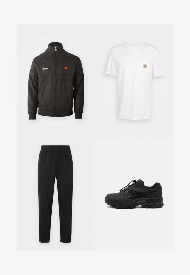 Zwarte sportjack met ritssluiting en hoge kraag, geribde manchetten en kleine ellesse logo patches op de borst en ritstrekkertje.; Witte katoenen t-shirt met korte mouwen, een borstzak en een klein vierkant logo-opdruk in oranje en wit op de zak.; Zwarte joggerbroek met elastische taille en elastische boorden, rechte pasvorm, zonder zichtbare versieringen, afgebeeld tegen een lichte achtergrond.; Zwarte atletische sneaker met textuurstof, dikke gevoerde zool, luchtopeningen en vetersluiting, vanaf de zijkant weergegeven tegen een lichte achtergrond.