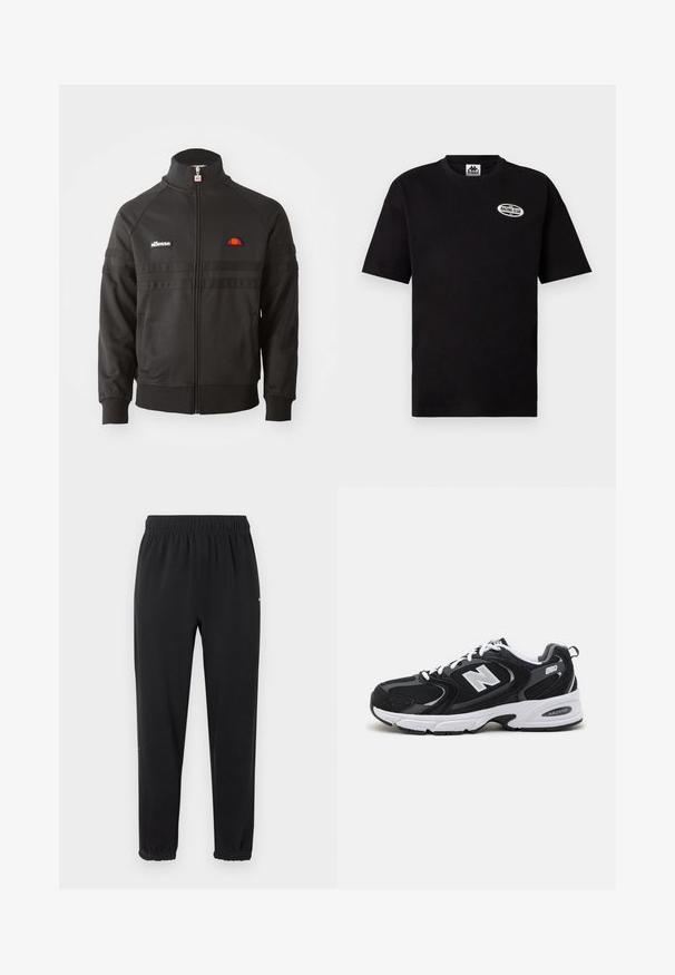 Sort zip-up sportsjakke med høj krave, ribbede manchetter og små ellesse-logoer på brystet og lynlåsen.; Sort Kappa t-shirt med korte ærmer og oval "Racing Club"-logo på øverste venstre bryst samt rund halsudskæring.; Sorte joggingbukser med elastik i taljen og elastiske manchetter, lige pasform og uden synlige udsmykninger, vist mod en lys baggrund.; Sorte og grå sportssko med mesh og ruskind på overdelen, der har en hvid mellemsål, snørebånd og et iøjnefaldende "N" logo på siden.