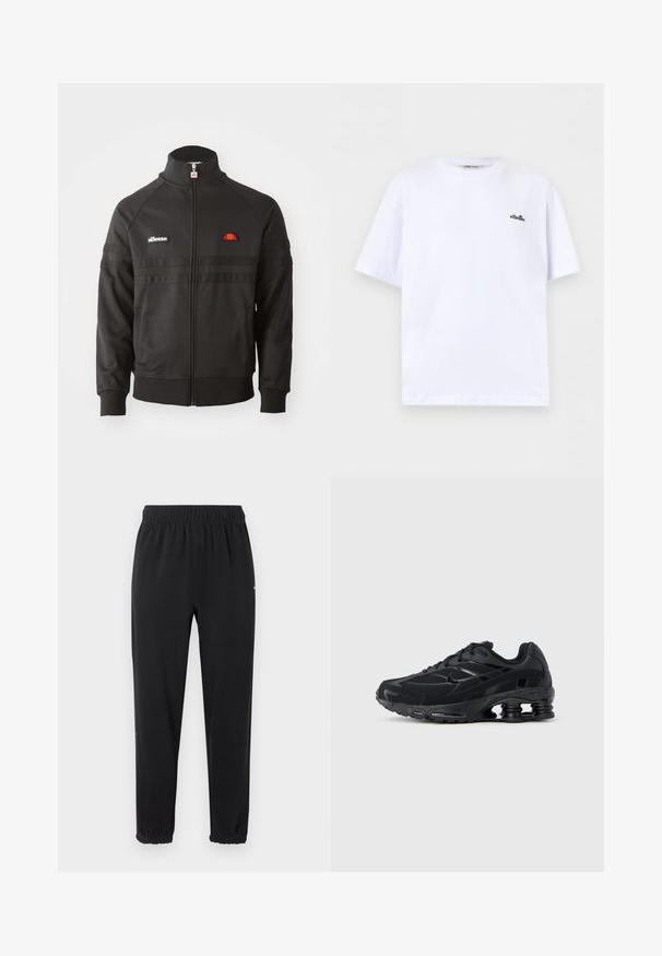 Sort zip-up sportsjakke med høj krave, ribbede manchetter og små ellesse-logoer på brystet og lynlåsen.; Hvid T-shirt med korte ærmer og rund hals med lille sort ellesse-logo på venstre bryst mod en ensfarvet baggrund.; Sorte joggingbukser med elastik i taljen og elastiske manchetter, lige pasform og uden synlige udsmykninger, vist mod en lys baggrund.; Sort atletiksko med mesh-overdel, polstret krave og markant støddæmpningsteknologi ved hælen. Har teksturerede detaljer og snørebånd.