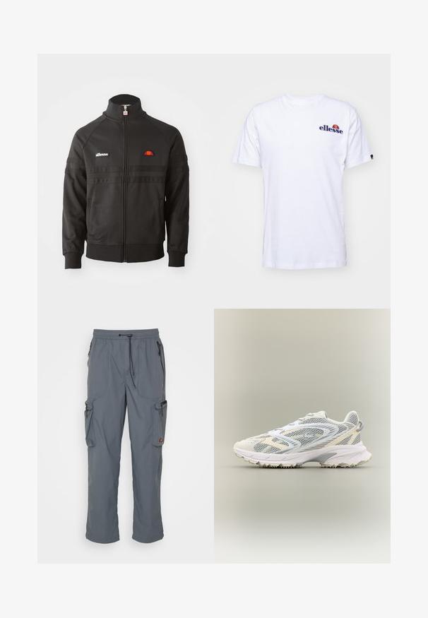 Sort zip-up sportsjakke med høj krave, ribbede manchetter og små ellesse-logoer på brystet og lynlåsen.; Hvid bomulds t-shirt med korte ærmer, prydet med et marineblåt broderet logo på venstre bryst og en farverig accent over logoet.; Ellesse SQUADRON - Cargobukser - dark grey; Hvid atletiksko med grå mesh-paneler, teksturerede overlejringer, en polstret krave og en gummisål med små grebspidser.