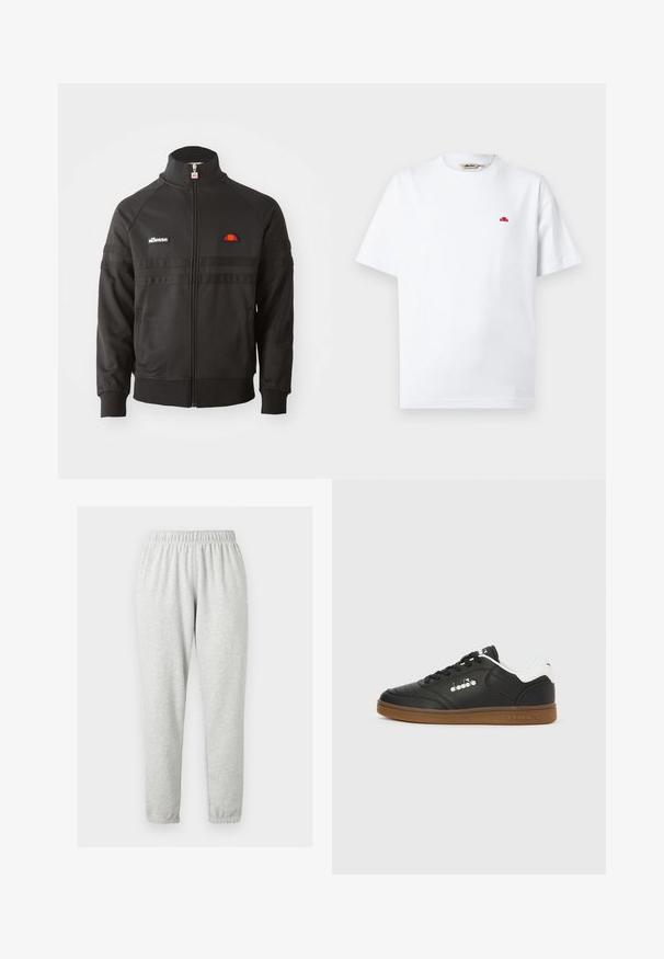 Sort zip-up sportsjakke med høj krave, ribbede manchetter og små ellesse-logoer på brystet og lynlåsen.; Hvid T-shirt med korte ærmer og rund hals, med lille rødt logo på venstre bryst og mærke fra mærket indeni kraven.; Lysegrå, lange sweatpants med elastisk taljebånd og ankelmanchetter, vist på en ensfarvet lys baggrund.; Sort lædersneakers med hvid hælkappe, gummisål, sorte snørebånd og sølvfarvet Diadora-logo på siden og sålen.