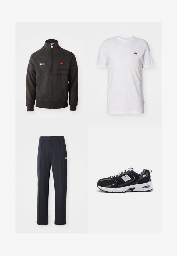 Must mustaga, millel on kõrge krae, soonikkoes varrukad ja väikesed ellesse logo plaasterdused rinnal ja tõmbluku ääres.; Lihtne valge lühikeste varrukatega T-särk, millel on ülemisel vasakul rinnal väike punane ja oranž poolringikujuline logo.; Mustad sirged püksid elastse vöökoha, nööbiga kinnituse, õmblustetaile ja väikese valge "the new originals" logo vasakul reiel.; Must värvi ja hallid spordijalatsid, mille ülemine osa on valmistatud võrgust ja nahast, valge vaheosaga, paeltega ja küljel julge "N" logo.