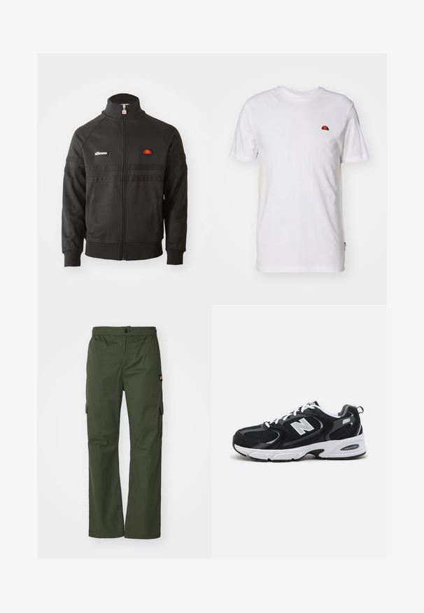 Zwarte sportjack met ritssluiting en hoge kraag, geribde manchetten en kleine ellesse logo patches op de borst en ritstrekkertje.; Eenvoudig wit T-shirt met korte mouwen met een klein rood-oranje halve cirkel logo op het bovenste linkerborstgedeelte.; Olijfgroene cargo broek met knoopsluiting, elastische tailleband en zijzakken, gemaakt van lichtgewicht stof met een gladde textuur.; Zwarte en grijze sport schoenen met een bovenwerk van mesh en suede, voorzien van een witte tussenzool, veters en een gedurfde "N"-logo aan de zijkant.