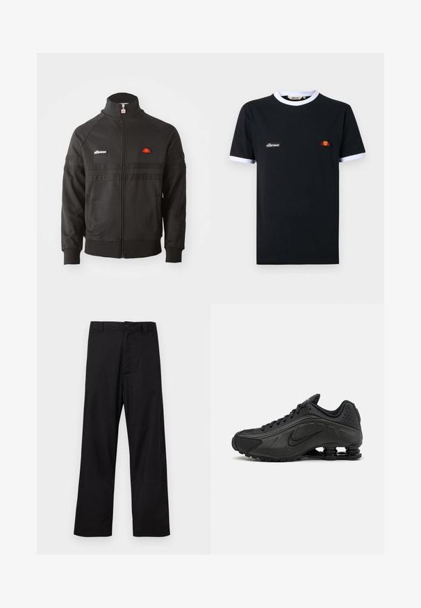 Sort zip-up sportsjakke med høj krave, ribbede manchetter og små ellesse-logoer på brystet og lynlåsen.; Sort t-shirt med korte ærmer med hvid kant på krave og ærmer, med et lille "ellesse" logo-patch og en halvcirkelformet orange og rød emblemlogo.; Sorte bukser med lige ben, knap- og lynlåslukning, bæltestropper, lagt fladt på en lys baggrund.; Sorte løbesko med en glat syntetisk overdel, perforerede detaljer, teksturerede sidedele og en distinkt fjedrende sål.